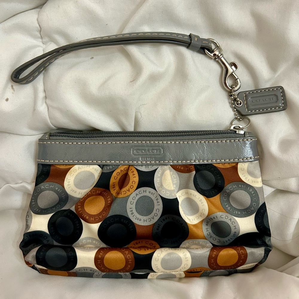 Coach Gray And Brown Circle Pattern Wristlet - image 1